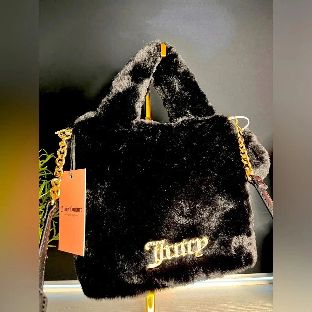 Juicy Couture Fluffy Mini Tote Crossbody Bag Black Faux Fur NWT